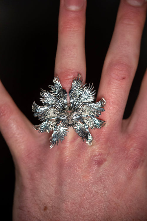 Bird of Pray Ring in a silver-tone finish, alternate worn view