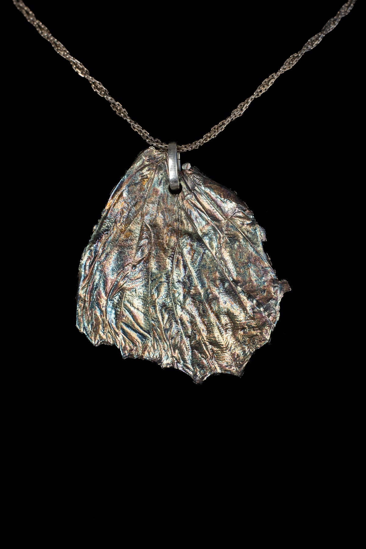 Statement Sized Morpho Wing Fossil Pendant with Celestial Aurora Patina — image 1