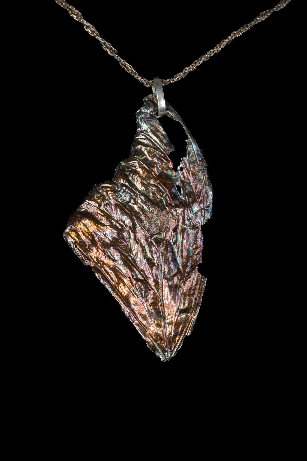 Statement Sized Morpho Wing Fossil Pendant with Violet Genesis Patina — image 2