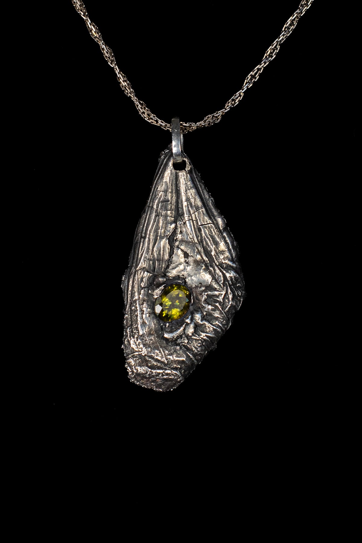 Large Butterfly Wing Fossil Pendant with Flame-Fractured Peridot — image 1