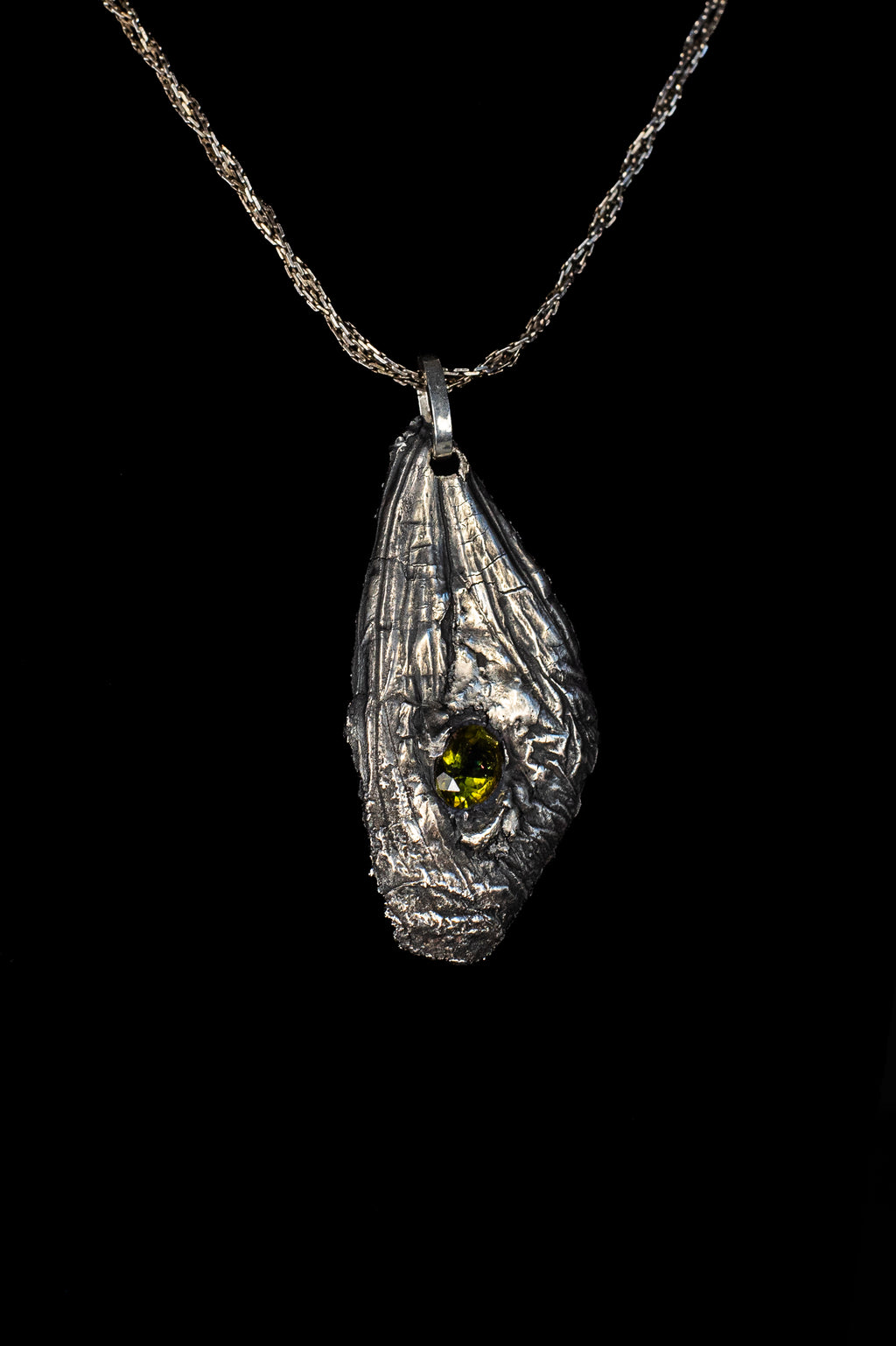 Large Butterfly Wing Fossil Pendant with Flame-Fractured Peridot — image 2