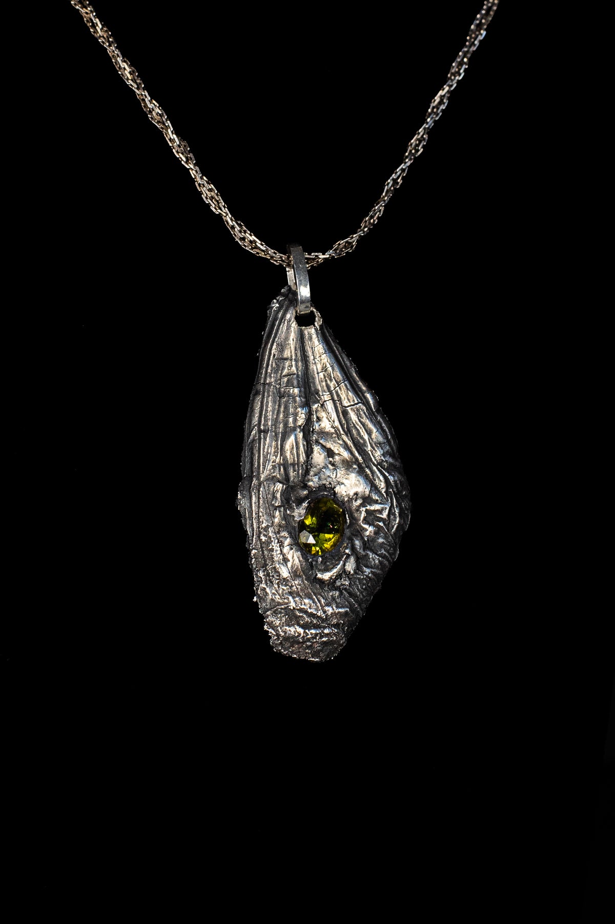 Large Butterfly Wing Fossil Pendant with Flame-Fractured Peridot — image 2
