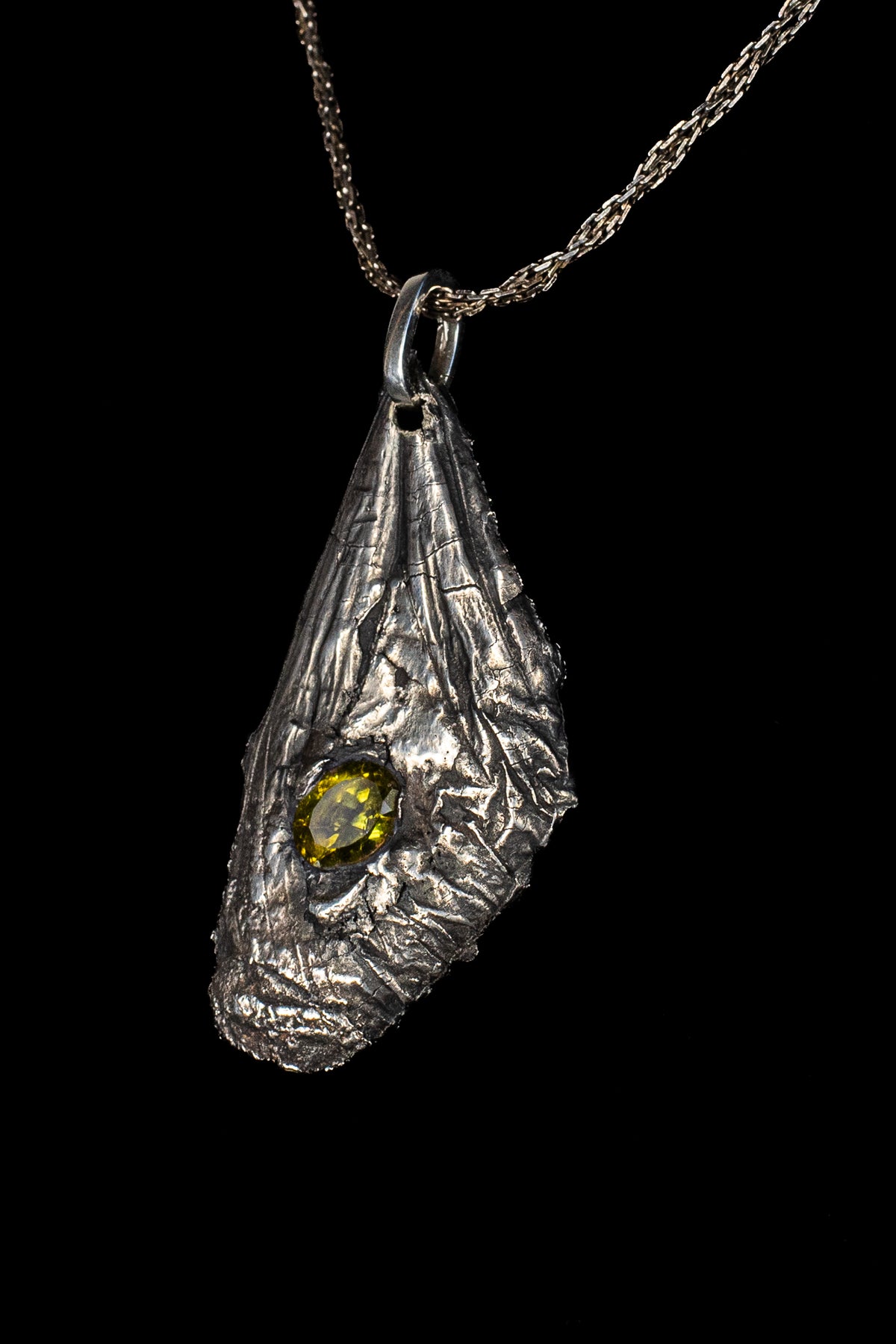 Large Butterfly Wing Fossil Pendant with Flame-Fractured Peridot — image 3