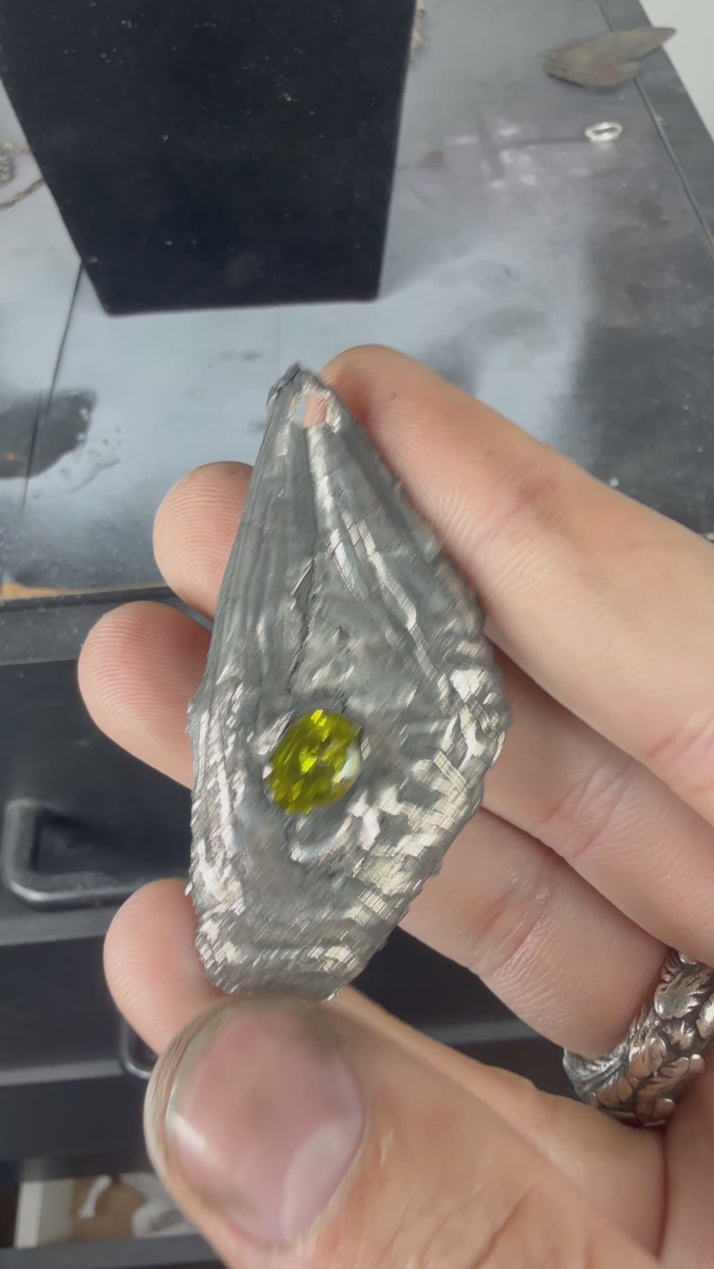 Large Butterfly Wing Fossil Pendant with Flame-Fractured Peridot