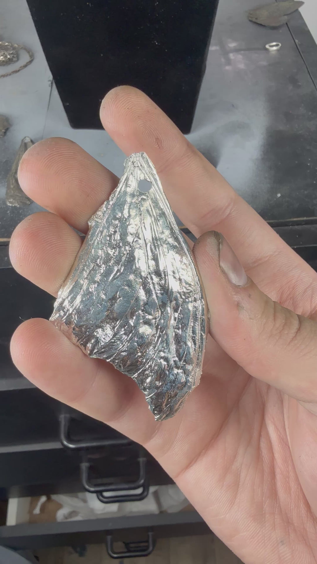 Statement Sized Morpho Wing Fossil Pendant with Liquid Mirror Finish