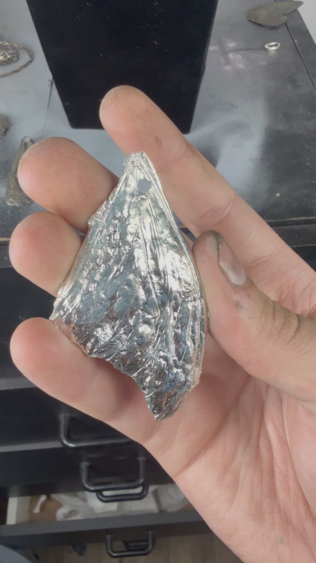 Statement Sized Morpho Wing Fossil Pendant with Liquid Mirror Finish
